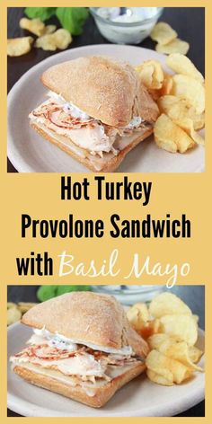 two pictures showing how to make a turkey provolone sandwich with basil mayo