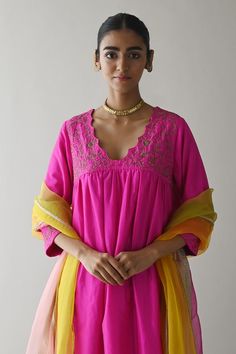 Hot pink kurta with zardozi embroidery on yoke in floral pattern. Paired with rose pink stripe woven salwar. - Aza Fashions Embroidery Zardozi, Pink Kurta, Salwar Pattern, Zardozi Embroidery, Silk Embroidery, Pink Stripes, Set For Women, Rose Pink, Aza Fashion