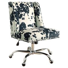 a black and white office chair with wheels