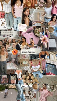 the collage shows many different pictures and people in their outfits, with one woman on her cell phone