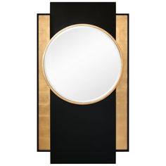 a black and gold framed mirror with a round mirror on it