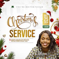 an ad for christmas service with a smiling woman