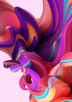 an abstract painting with multiple colors and shapes in the form of wavy lines on a pink background