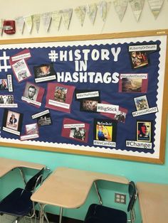 a bulletin board in a classroom with pictures on it and the words history in hashtags