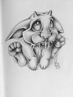 a pencil drawing of a rabbit with big eyes and claws on his head, holding a knife