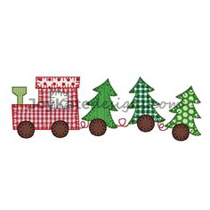 a train with christmas trees on the side and merry heart designs written in red, green and white