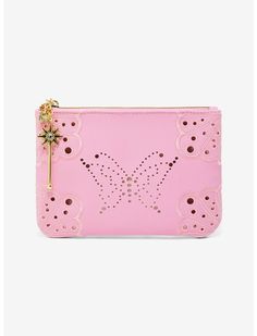 a pink wallet with butterflies on it