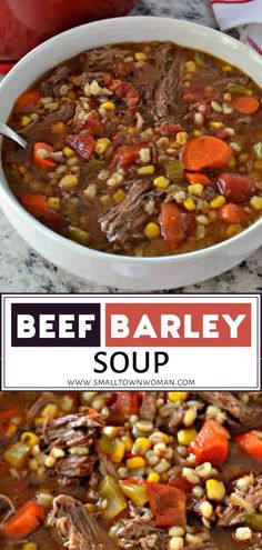 beef barley soup in a bowl with carrots and corn