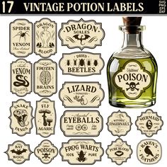 vintage bottle labels for various types of liquors and other items, including glass bottles