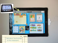 a bulletin board with various school supplies attached to it and an ipad next to it