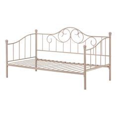 a white metal bed frame with no headboard