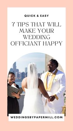 Quick and Easy - 7 Tips That Will Make Your Wedding Officiant Happy. Make your wedding day go smoothly for your officiant, and for you as well Check outr this post from Weddings By Papermill!

In the photo, Officiant Fallon King presides over wedding in Brooklyn, New York. Wedding Officiant Proposal, Palm Springs Wedding Venues, Officiant Gift, Cocktail Cake, Palm Springs Wedding, Wedding Team, Miami Wedding