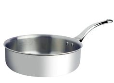 a stainless steel pan with a spoon in the bottom and handle on an isolated white background