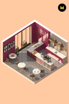 an aerial view of a living room and dining area in a house with pink walls