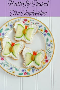 three slices of cucumber shaped tea sandwiches on a floral plate with the words, how to make buttery shaped tea sandwiches