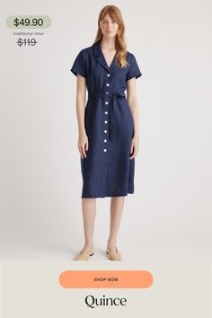 This midi linen dress should be in every wardrobe. Made from 100% organic linen and designed to be versatile, with elegant buttons down the front, and two pockets at the waist, and adjustable removable belt for the perfect fit.  | Quince | Women's Short Sleeve Dress in Deep Navy, Size XL, Linen Fitted Linen Dress With Button Closure, Chic Linen Dress With Buttons, Casual Linen Dress For Work With Button Closure, Casual Linen Workwear Dress With Button Closure, Linen Button-up Dress With Buttons, Fitted Linen Dress With Buttons, Fitted Linen Casual Dress With Button Closure, Fitted Casual Linen Dress With Button Closure, Casual Fitted Linen Dress With Button Closure