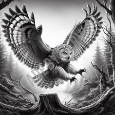 an owl flying over a forest filled with trees