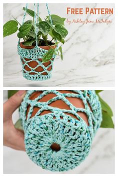 crocheted plant hanger made out of yarn and potholders with plants in them