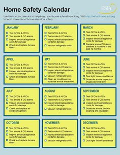 the home safety calendar is shown in blue and yellow