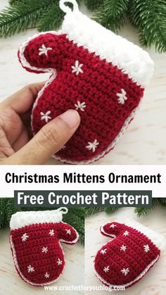 crocheted christmas mittens ornament with free pattern and instructions to make them