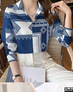 Fisdy - Camisa de manga larga con estampado geométrico Chic Type, Top Shirt Women, Fashion Seasons, Shirt Pattern, Clothing Patterns, Geometric Print, Types Of Shirts, Fashion Prints, Sleeve Styles