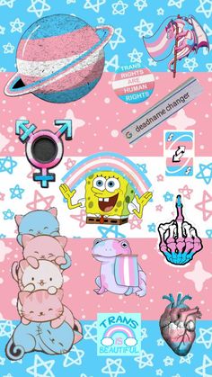 the spongebob stickers are all over the phone screen, and it's pink