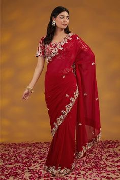 Red saree with multi colored floral border and gota patti hand embroidery work. Comes with matching embroidered padded blouse and a petticoat. - Aza Fashions Sheer Saree, Gota Patti Saree, Hand Embroidery Work, Saree Georgette, Padded Blouse, Red Saree, Floral Border, Embroidery Work, Cut Work