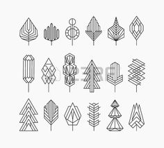 set of abstract geometric trees on white background