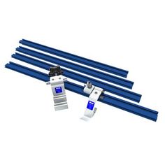 three blue and white racks with one black object in the middle