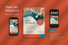 three mobile devices are shown next to each other on an orange background with the text, flyer set template let's go travel 25 % off