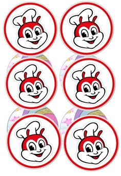 six red and white cartoon character stickers on top of each others's face