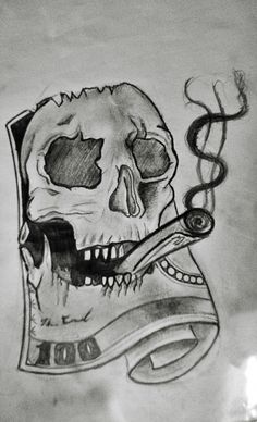 a drawing of a skull with scissors in it's mouth