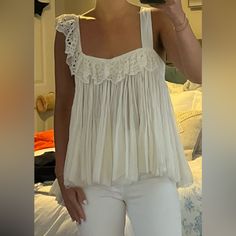 Nwot! Super Pretty Just A Little Big On Me. Fits More Like A S White Stretch Lace Tank Top, White Stretch Tank Top With Lace Detail, White Lace Cotton Tank Top, White Stretch Feminine Tank Top, Stretchy Feminine White Tank Top, White Lace Trim Tank Top For Day Out, White Top, Cream White, White Tops