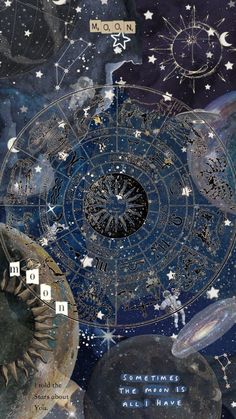 an artistic collage with stars, planets and zodiac signs in the middle of it