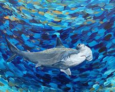 a painting of two sharks swimming in the ocean