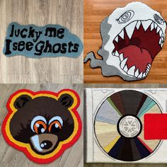 four patches with different designs on them, including a bear and a shark's mouth