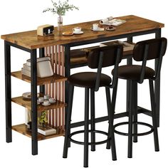 a wooden table with three stools and a shelf on the top that holds books