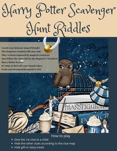 harry potter scavenger hunt riddles book cover with an owl sitting on top of books