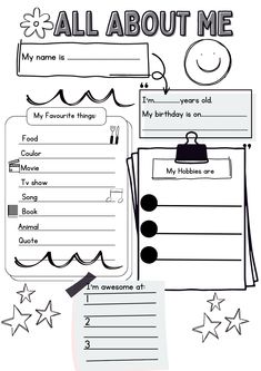 an all about me worksheet for kids with stars on the side and a handwritten