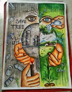 a painting with two hands holding an object in front of the words save tree and save earth