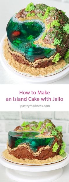 a cake with green and brown icing on it, sitting on a plate next to another cake