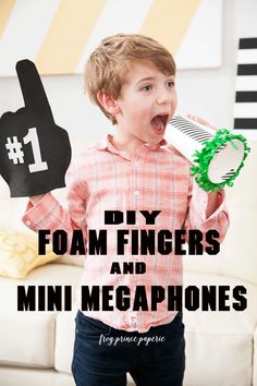 a young boy holding a microphone with the words diy foam fingers and mini megaphones