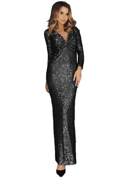 Black Long Sleeve V Neck Twist Ruched Sequin Party Maxi Dress Shimmery Dress, Party Maxi Dress, Long Sleeve Evening Gowns, Prom Queen, Sequin Dresses, Sequin Party, Best Dress, Maxi Dress Prom, Ladies Gown