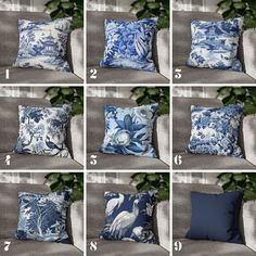 the steps to make a blue and white pillow cover with flowers on it, sitting on a couch