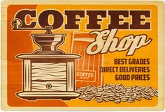 a coffee shop sign with the words coffee shop written in black and white on an orange background