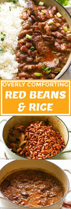 red beans and rice in a skillet with the words overlay reading, every comforting red beans and rice