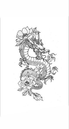 a dragon and flowers tattoo design