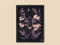 a black and purple poster with a moth on it's back, surrounded by flowers