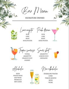 a menu with different types of drinks on it