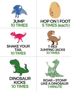 an image of dinosaurs and dinosaurs in different colors with words on them that say jump, 10 times each